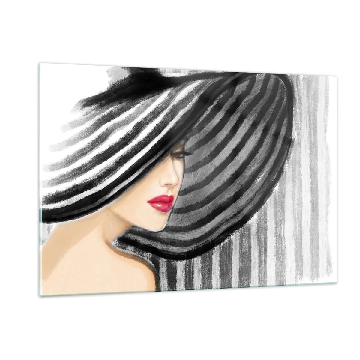 Quadro su vetro - Donna elegante con un cappello a righe bianche e nere - 120x80cm - Dove trovarti? - Decorazione murale moderna per soggiorno e camera da letto ARTTOR