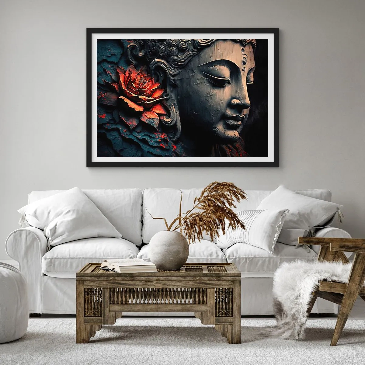 Poster in cornice nera - Scultura del Buddha con un fiore di loto rosso - 70x50cm - In armonia con il mondo - Decorazione murale moderna per soggiorno e camera da letto ARTTOR