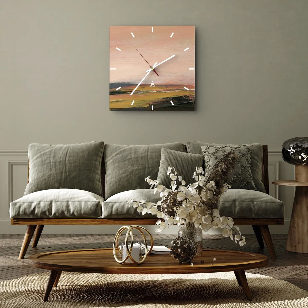 Orologio da parete - Orologio in Vetro - Un paesaggio nei toni del rosa e dell'oro - 30x30cm - In tonalità di rosa - Decorazione murale moderna per soggiorno e camera da letto ARTTOR
