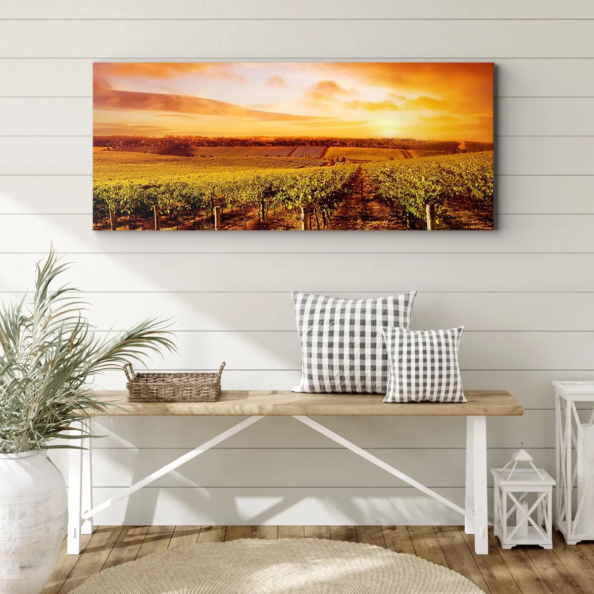 Quadro su tela - Stampe su Tela - Vigneto al tramonto con toni caldi del cielo - 160x50cm - Profumo di frutta con una nota di sole - Decorazione murale moderna per soggiorno e camera da letto ARTTOR