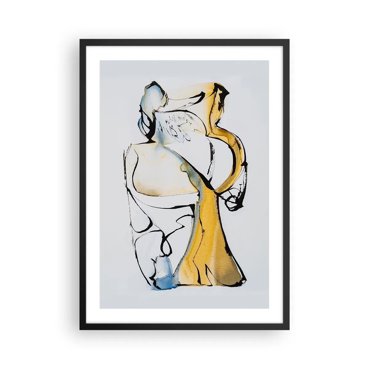 Poster in cornice nera - Una figura astratta in nero, giallo e blu, che esprime movimento ed emozione. - 50x70cm - Astrazione di vetro - Decorazione murale moderna per soggiorno e camera da letto ARTTOR