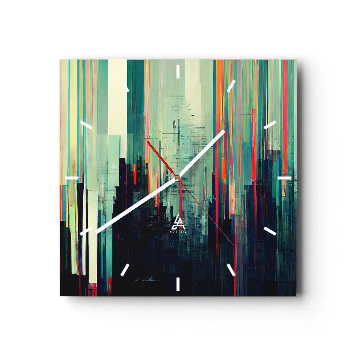Orologio da parete - Orologio in Vetro - Astrazione con linee verticali e skyline della città - 30x30cm - Città futuristica - Decorazione murale moderna per soggiorno e camera da letto ARTTOR