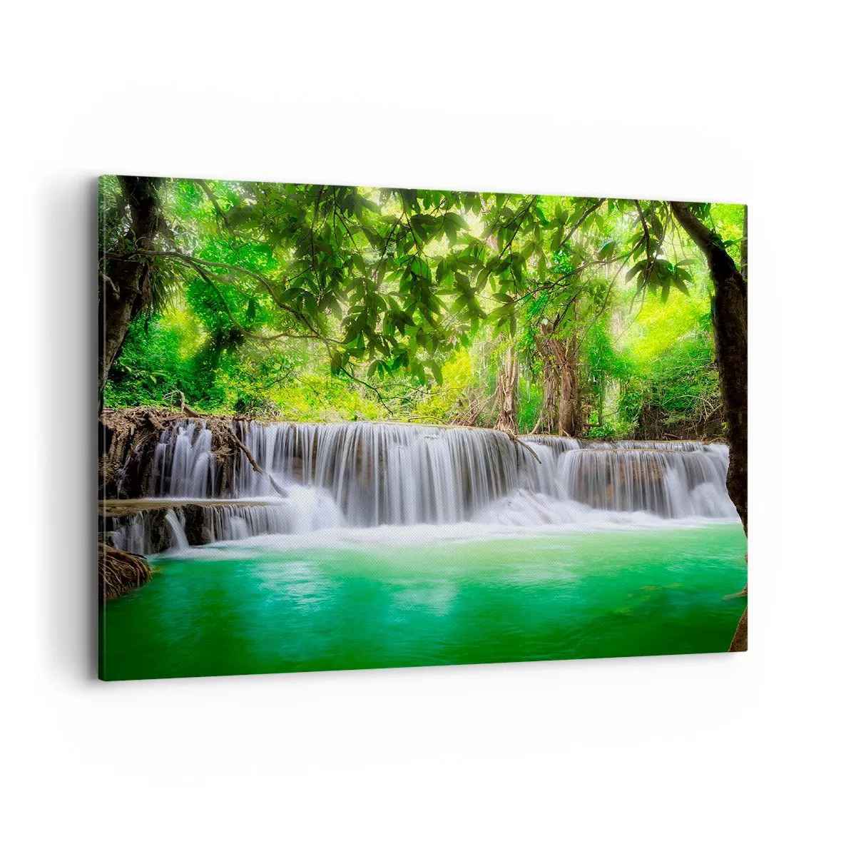 Quadro su tela - Stampe su Tela - Una cascata verde circondata da una fitta vegetazione tropicale - 100x70cm - Cascata nel verde - Decorazione murale moderna per soggiorno e camera da letto ARTTOR