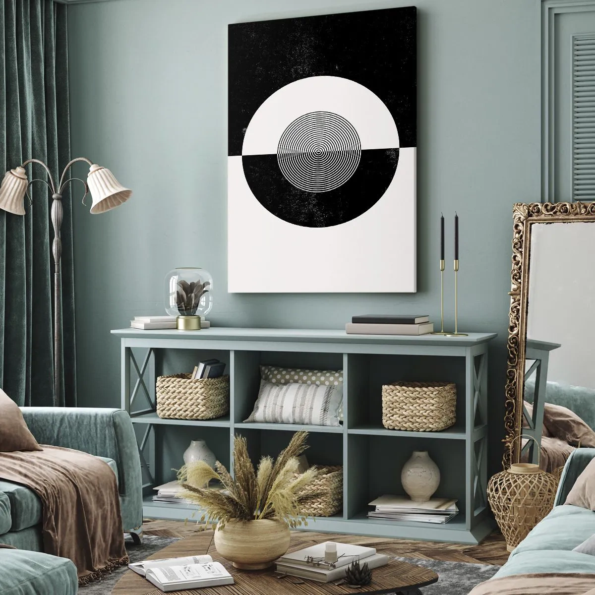 Quadro su tela - Stampe su Tela - Motivo grafico in bianco e nero a contrasto - 50x70cm - Armonia in bianco e nero - Decorazione murale moderna per soggiorno e camera da letto ARTTOR
