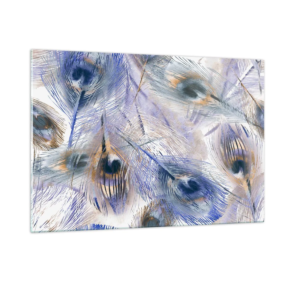 Quadro su vetro - Delicate piume di pavone nelle tonalità del blu e del marrone - 120x80cm - Composizione a occhio di pavone - Decorazione murale moderna per soggiorno e camera da letto ARTTOR