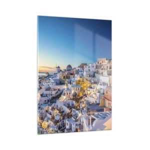 Quadro su vetro - Panorama di Santorini al tramonto - 50x70cm - Essenza della grecità - Decorazione murale moderna per soggiorno e camera da letto ARTTOR