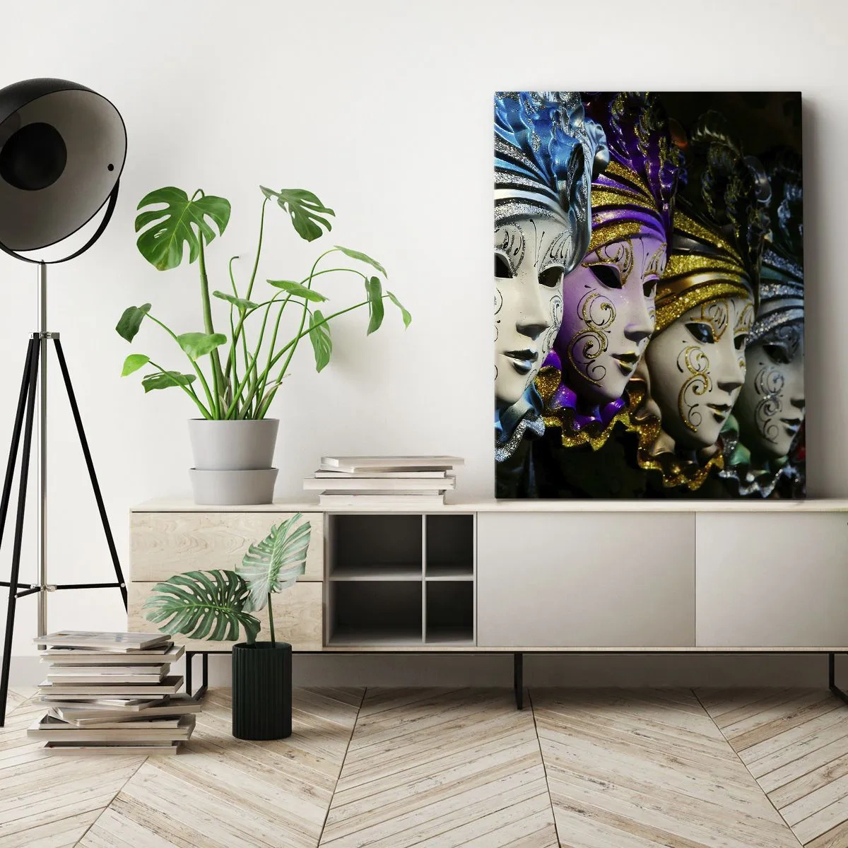 Quadro su tela - Stampe su Tela - Maschere veneziane in vari colori con motivi decorativi - 50x70cm - Mistero in oro e argento - Decorazione murale moderna per soggiorno e camera da letto ARTTOR