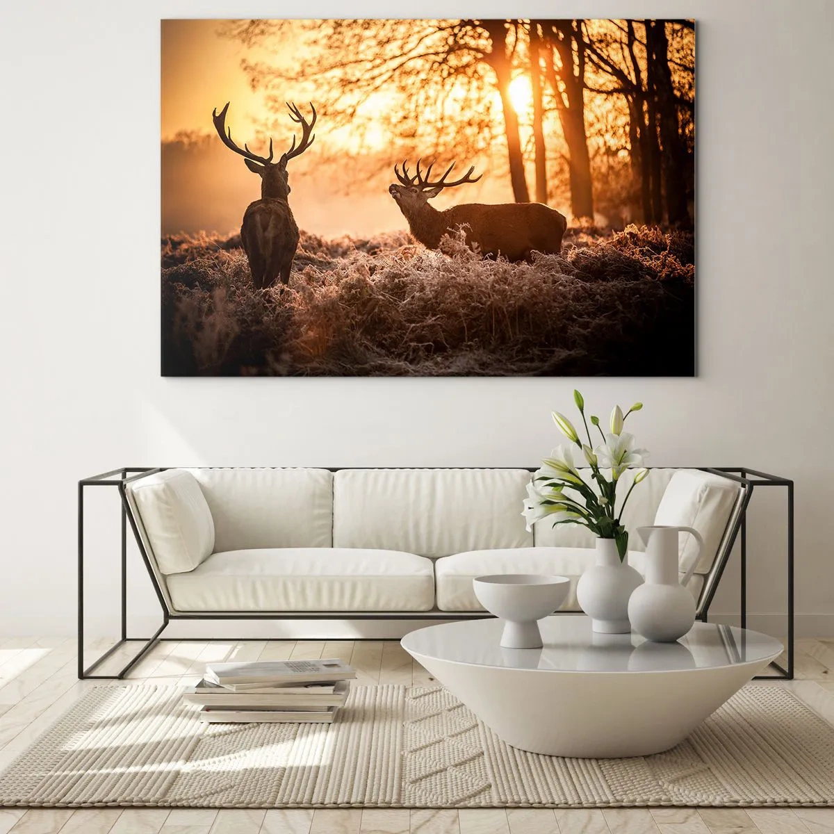 Quadro su vetro - Due cervi in una scena di foresta all'alba - 100x70cm - Il sogno del cacciatore - Decorazione murale moderna per soggiorno e camera da letto ARTTOR
