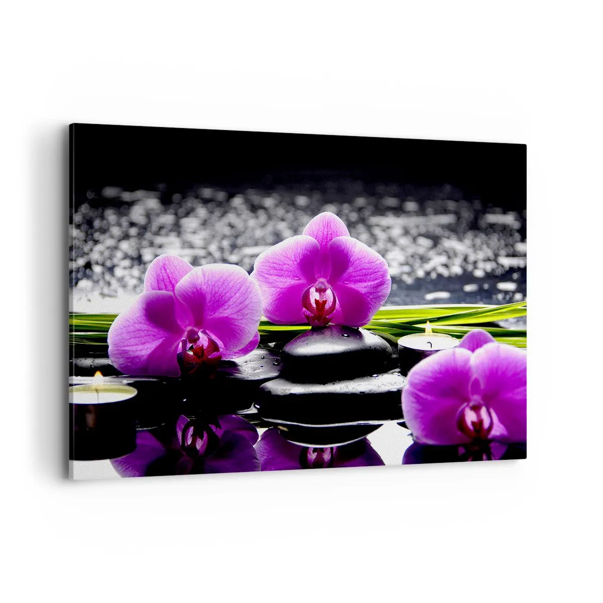 Quadro su tela - Stampe su Tela - Orchidee viola su uno sfondo di pietre e candele in un ambiente rilassante - 120x80cm - Annegare nel silenzio e nella pace - Decorazione murale moderna per soggiorno e camera da letto ARTTOR