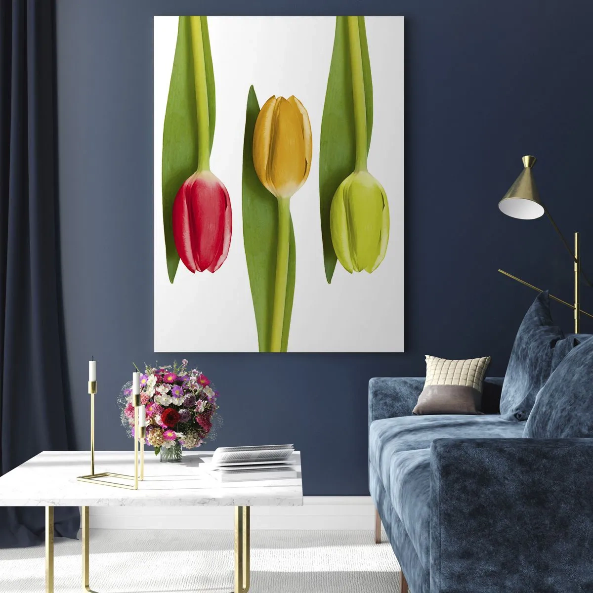 Quadro su vetro - Tulipani multicolori disposti in fila su uno sfondo bianco - 80x120cm - Composizione arcobaleno - Decorazione murale moderna per soggiorno e camera da letto ARTTOR