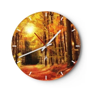 Orologio da parete - Orologio in Vetro - Foresta autunnale con caldi raggi di sole - 30x30cm - Autunno dorato nella via nel bosco - Decorazione murale moderna per soggiorno, cucina e camera da letto ARTTOR