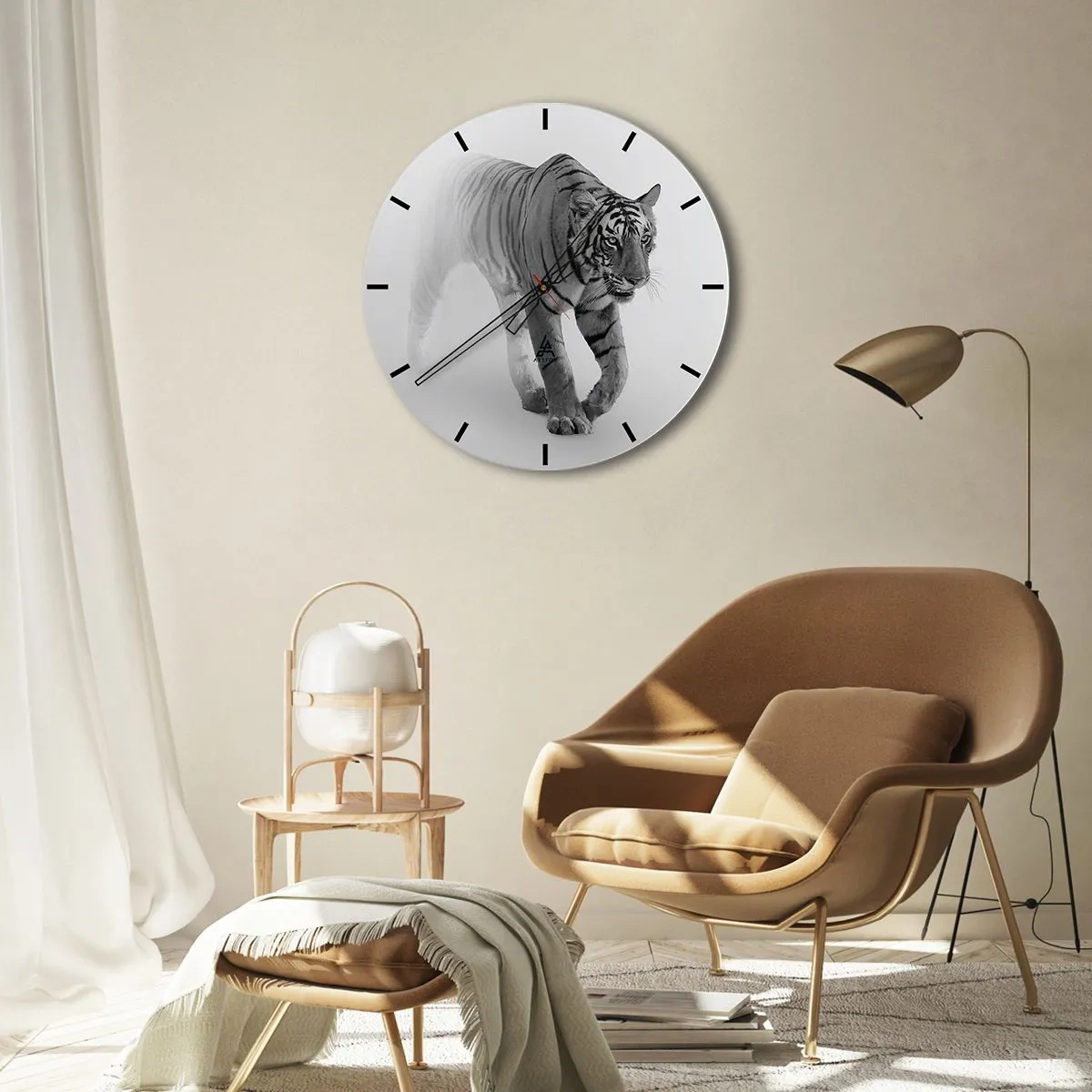 Orologio da parete - Orologio in Vetro - Tigre realistica in stile monocromatico su sfondo bianco - 30x30cm - Incantato nella nebbia - Decorazione murale moderna per soggiorno, cucina e camera da letto ARTTOR