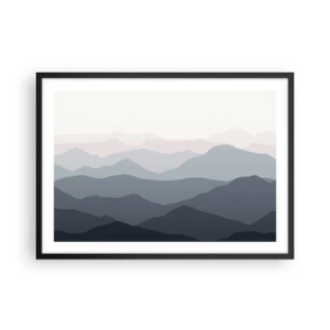 Poster in cornice nera - Sottili strati di montagna in tonalità di grigio e blu - 70x50cm - Le onde dei monti - Decorazione murale moderna per soggiorno e camera da letto ARTTOR