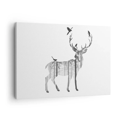 Quadro su tela - Stampe su Tela - Silhouette di un cervo con foresta e uccelli - 70x50cm - Lo spirito buono del bosco - Decorazione murale moderna per soggiorno e camera da letto ARTTOR