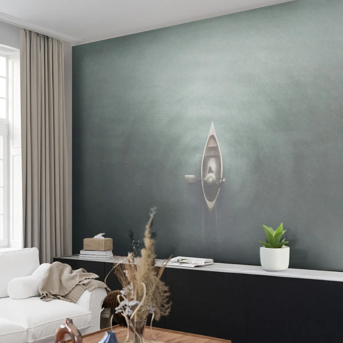 Fotomurali Premium Sand - Una barca con una figura su un lago calmo vista dall'alto - 100x70cm - Nel lago al chiaro di luna - Decorazione murale moderna per soggiorno e camera da letto ARTTOR