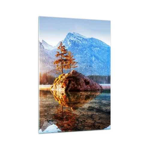 Quadro su vetro - Un lago con isole e montagne sullo sfondo all'alba - 70x100cm - La natura in una nuova luce - Decorazione murale moderna per soggiorno e camera da letto ARTTOR