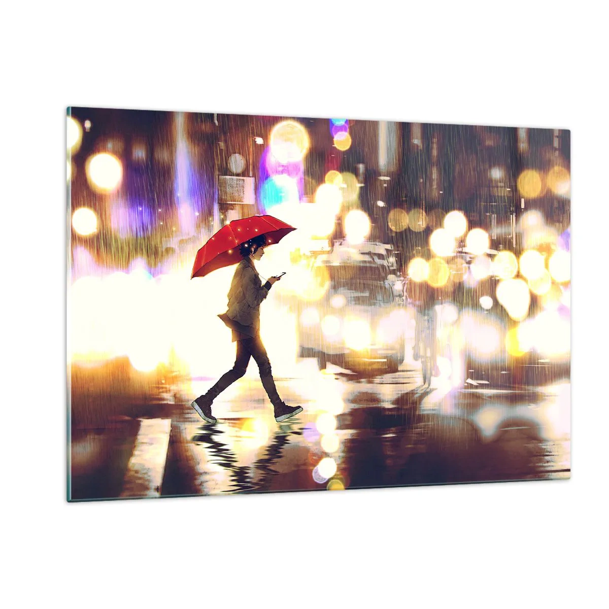 Quadro su vetro - Una figura con un ombrello rosso su una strada piovosa di notte - 120x80cm - Tuttavia è assolata - Decorazione murale moderna per soggiorno e camera da letto ARTTOR