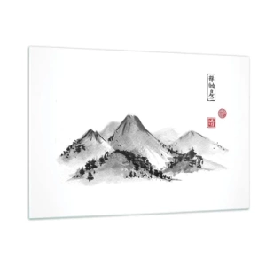 Quadro su vetro - Un paesaggio montano minimalista in stile orientale - 120x80cm - Troppo lontano - Decorazione murale moderna per soggiorno e camera da letto ARTTOR