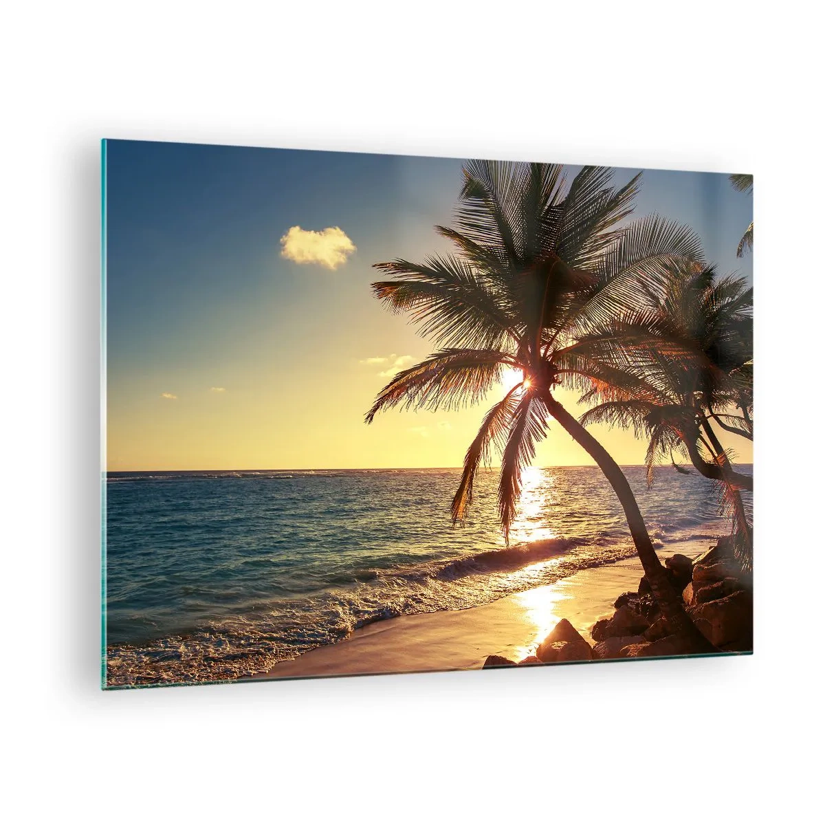 Quadro su vetro - Spiaggia tropicale con palme alla luce del sole al tramonto - 70x50cm - Estate sotto le palme - Decorazione murale moderna per soggiorno e camera da letto ARTTOR