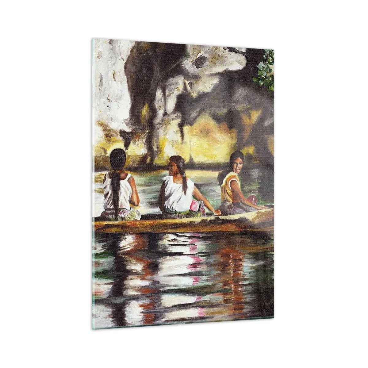Quadro su vetro - Donne in barca sullo sfondo di pittoresche rocce e acqua - 50x70cm - Nel paradiso della Polinesia - Decorazione murale moderna per soggiorno e camera da letto ARTTOR