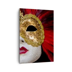 Quadro su tela - Stampe su Tela - Maschera veneziana dorata con piume rosse - 70x100cm - La promessa di un'avventura di carnevale - Decorazione murale moderna per soggiorno e camera da letto ARTTOR