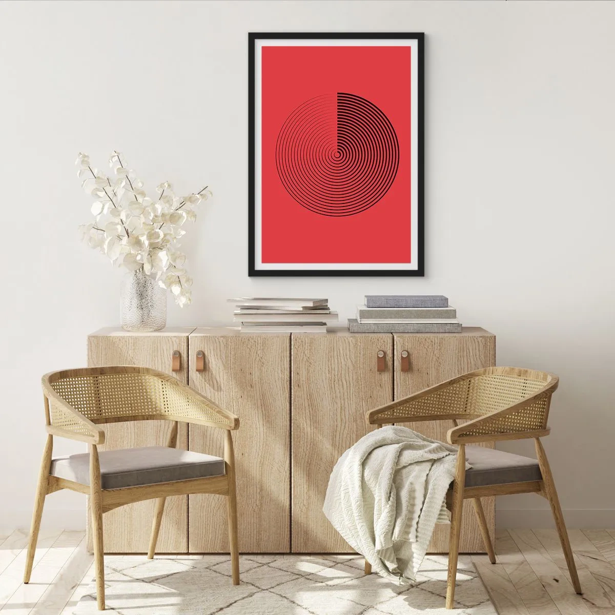 Poster in cornice nera - Spirale geometrica su sfondo rosso in stile minimalista - 50x70cm - Movimento circolare - Decorazione murale moderna per soggiorno e camera da letto ARTTOR
