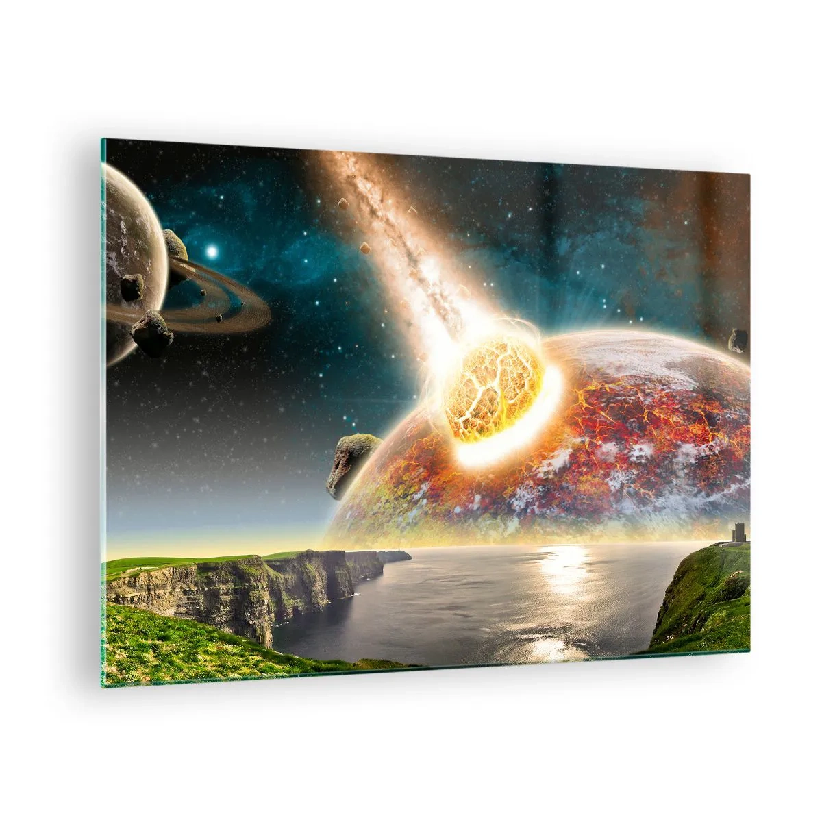 Quadro su vetro - Un meteorite si scontra con un pianeta nello spazio. - 70x50cm - Dramma cosmico - Decorazione murale moderna per soggiorno e camera da letto ARTTOR