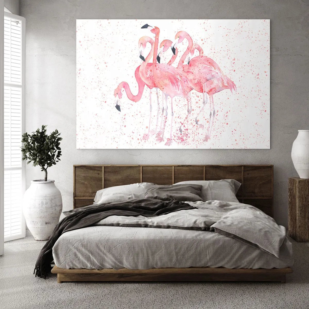 Quadro su vetro - Fenicotteri acquerellati su uno sfondo chiaro con punti delicati - 120x80cm - Gruppo in rosa - Decorazione murale moderna per soggiorno e camera da letto ARTTOR