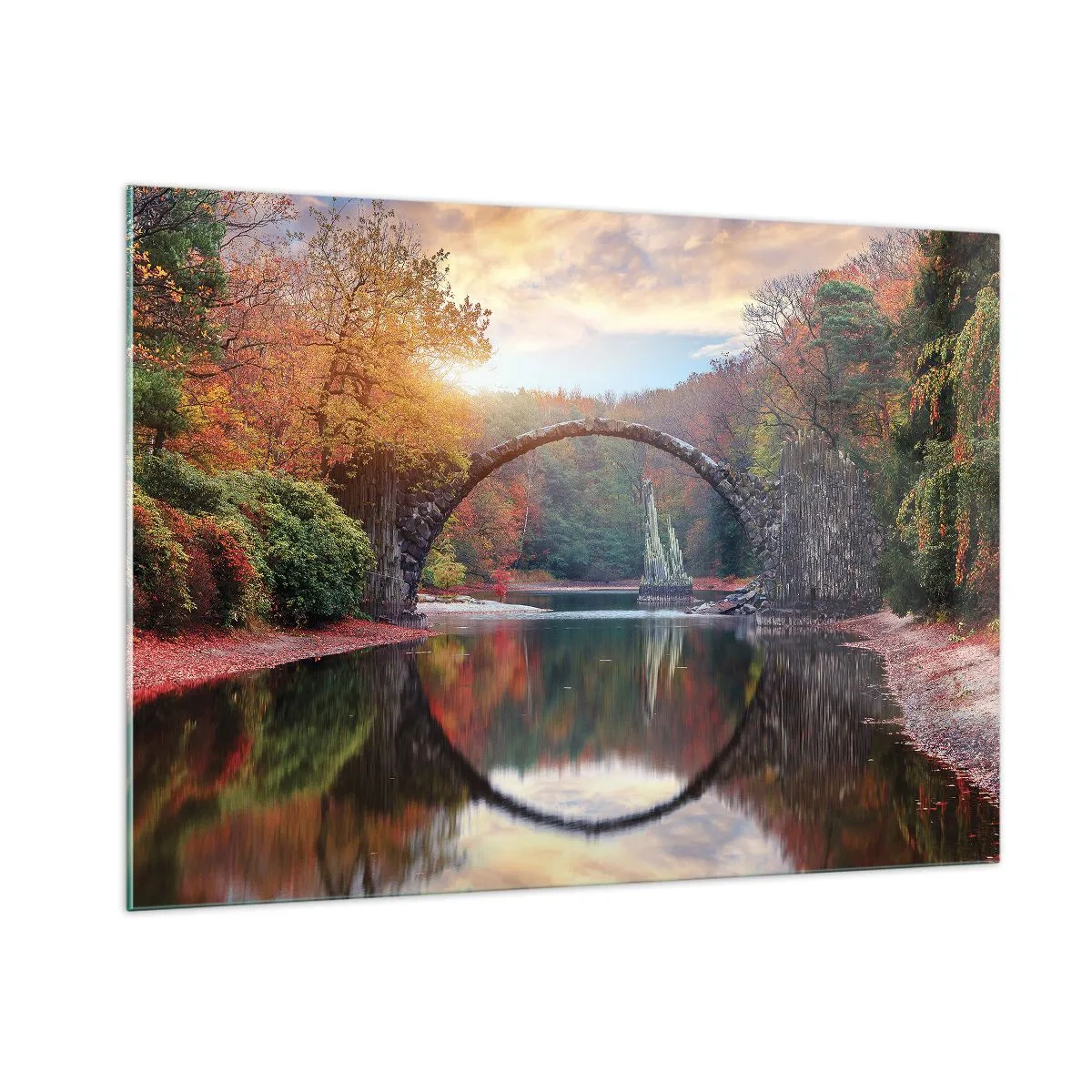 Quadro su vetro - Un ponte di pietra riflesso in un lago in mezzo a una foresta autunnale - 100x70cm - Dall'altro lato dello specchio - Decorazione murale moderna per soggiorno e camera da letto ARTTOR