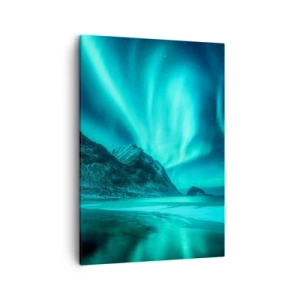Quadro su tela - Stampe su Tela - Aurora boreale su un paesaggio invernale montuoso - 50x70cm - Miracolo del Nord - Decorazione murale moderna per soggiorno e camera da letto ARTTOR