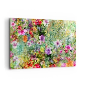 Quadro su tela - Stampe su Tela - Una composizione floreale colorata su uno sfondo verde - 120x80cm - Perdersi nei fiori - Decorazione murale moderna per soggiorno e camera da letto ARTTOR