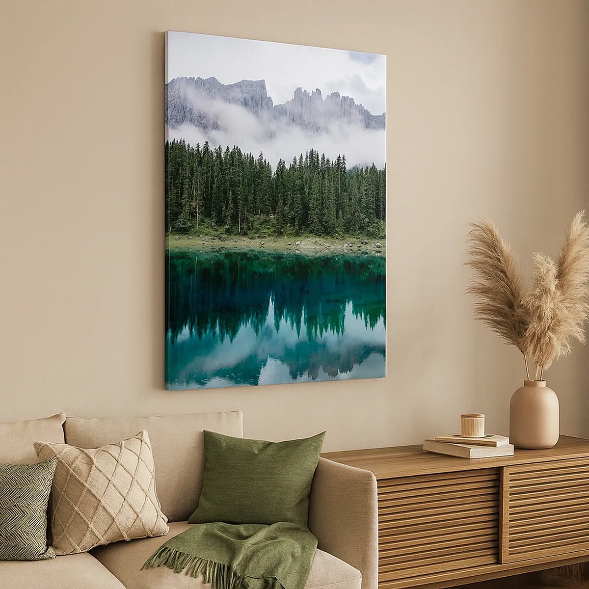 Quadro su tela - Stampe su Tela - Un paesaggio montano con una foresta e un lago che riflette il cielo - 50x70cm - Silenzio, non svegliamo l'acqua che dorme... - Decorazione murale moderna per soggiorno e camera da letto ARTTOR