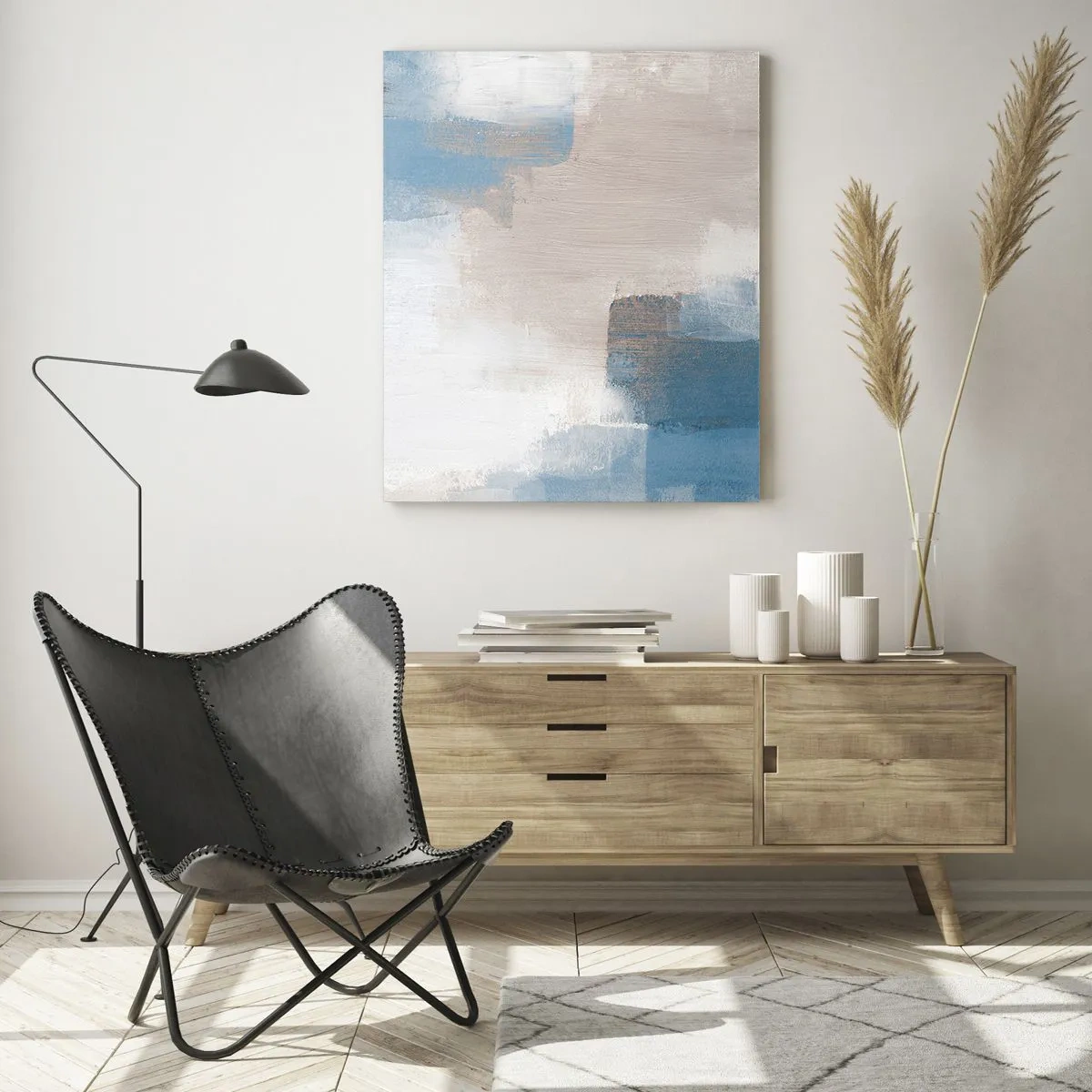 Quadro su vetro - Forme astratte nei toni del blu e del beige - 70x100cm - Astrazione rosa coperta dal blu - Decorazione murale moderna per soggiorno e camera da letto ARTTOR