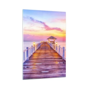 Quadro su vetro - Un molo sull'acqua al tramonto in colori pastello - 80x120cm - Silenzio della sera in lilla e oro - Decorazione murale moderna per soggiorno e camera da letto ARTTOR