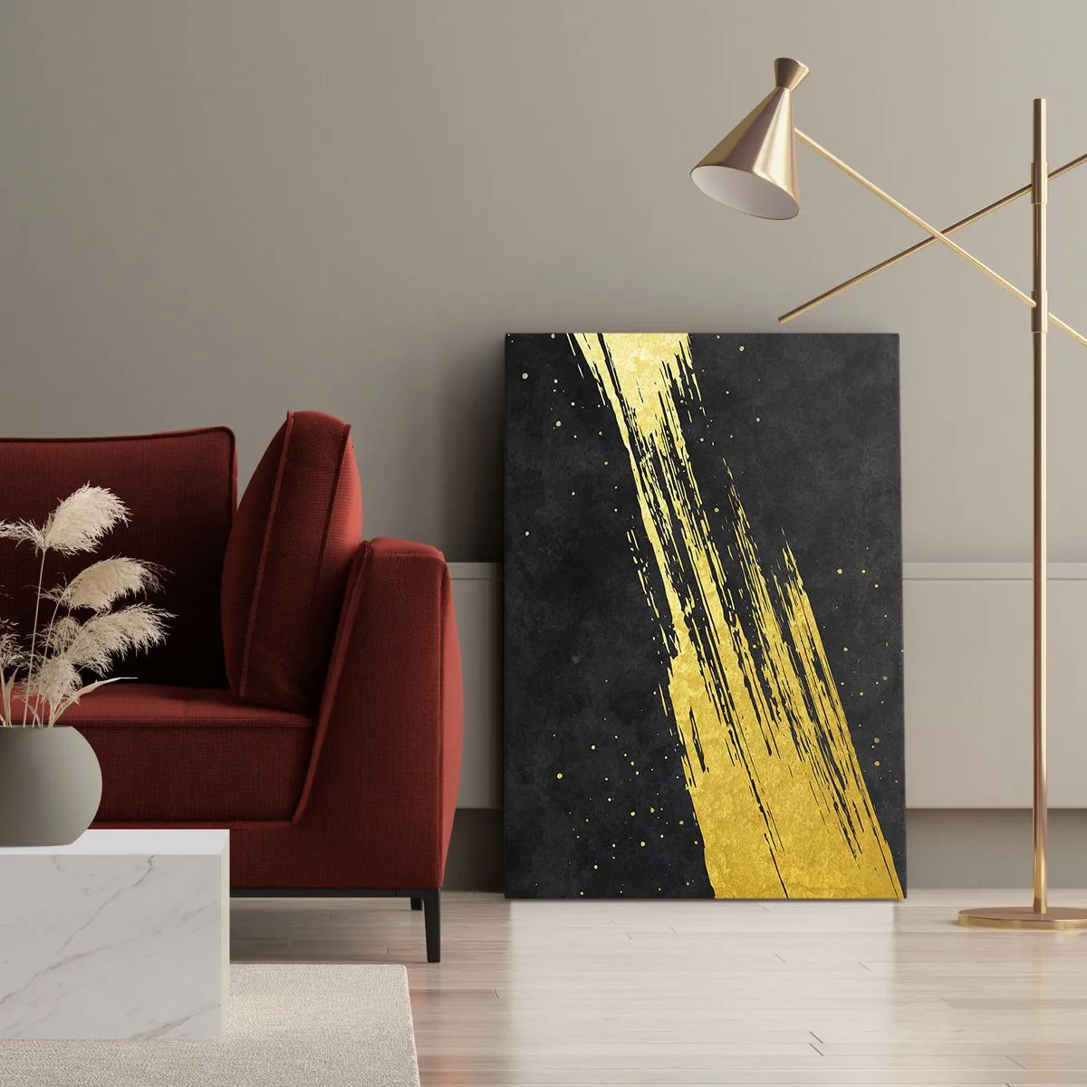 Quadro su tela - Stampe su Tela - Sfondo nero con pennellate dorate dinamiche - 80x120cm - Salto nell'iperspazio - Decorazione murale moderna per soggiorno e camera da letto ARTTOR