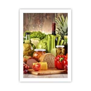 Poster - Verdure colorate e prodotti alimentari su uno sfondo di legno - 50x70cm - Affumicati, arrostiti, marinati - Decorazione murale moderna per soggiorno e camera da letto ARTTOR