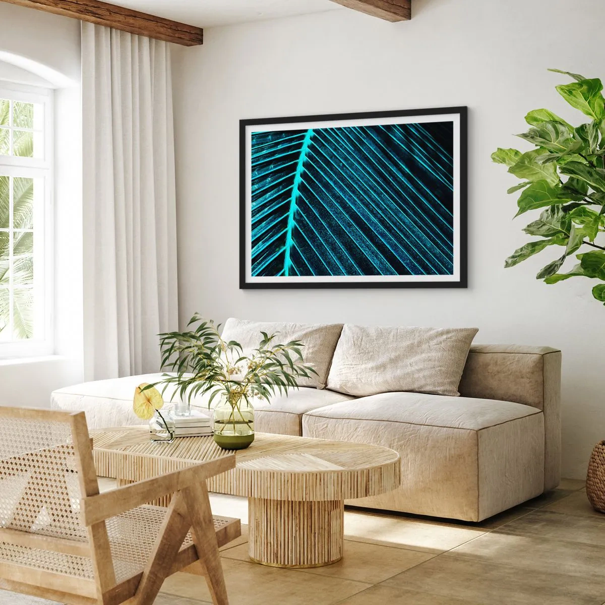 Poster in cornice nera - Macrofotografia di una foglia nelle tonalità del turchese e del blu navy - 70x50cm - La struttura del verde - Decorazione murale moderna per soggiorno e camera da letto ARTTOR