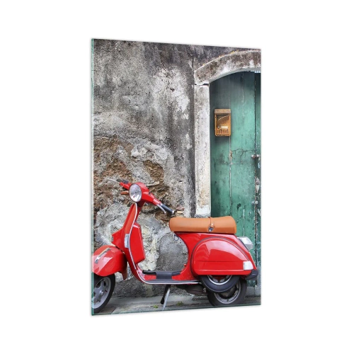 Quadro su vetro - Scooter rosso vicino alla porta verde - 70x100cm - Vacanze italiane - Decorazione murale moderna per soggiorno e camera da letto ARTTOR