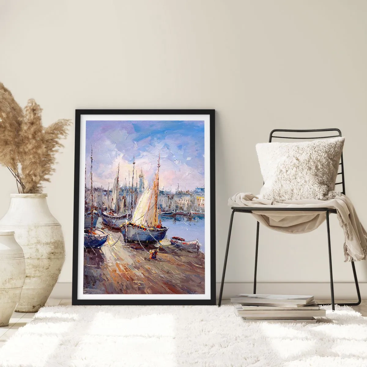 Poster in cornice nera - Barche a vela in un pittoresco porto illuminato dai raggi del sole - 50x70cm - Città sul golfo - Decorazione murale moderna per soggiorno e camera da letto ARTTOR