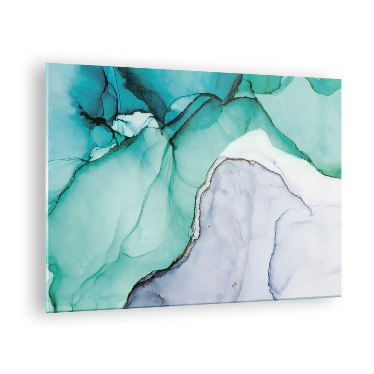 Quadro su vetro - Un dipinto astratto nei toni del turchese e del bianco, con delicate crepe. - 70x50cm - Studio in turchese - Decorazione murale moderna per soggiorno e camera da letto ARTTOR