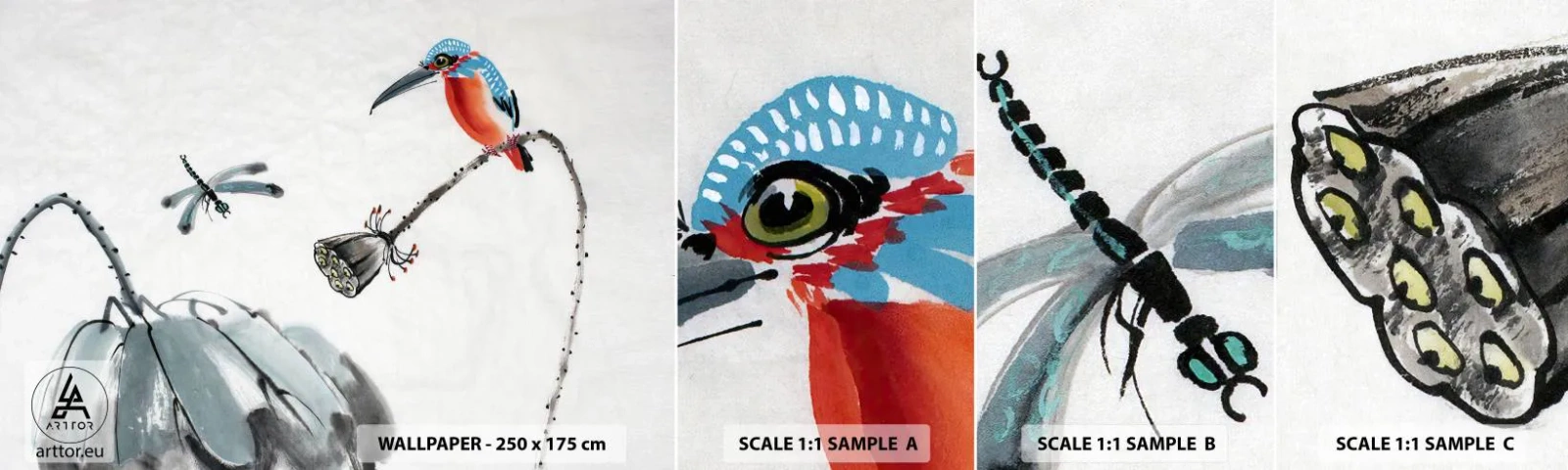 Campione di Fotomurale Adesivo Deluxe Sticker - La vita del prato - Astrazione, Uccello, Fiore - 100x30 cm