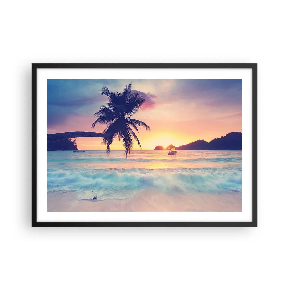Poster in cornice nera - Spiaggia con una palma e un tramonto sull'oceano - 70x50cm - Sera nell'insenatura - Decorazione murale moderna per soggiorno e camera da letto ARTTOR