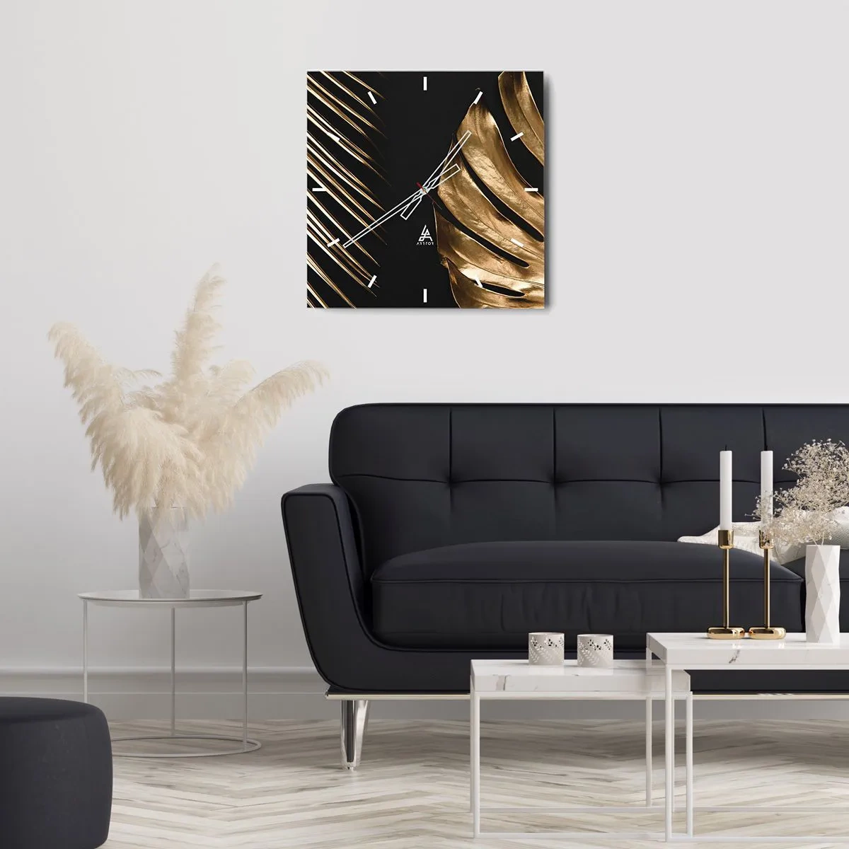 Orologio da parete - Orologio in Vetro - Foglie dorate su sfondo nero - 30x30cm - Diverse, ma ugualmente care - Decorazione murale moderna per soggiorno e camera da letto ARTTOR
