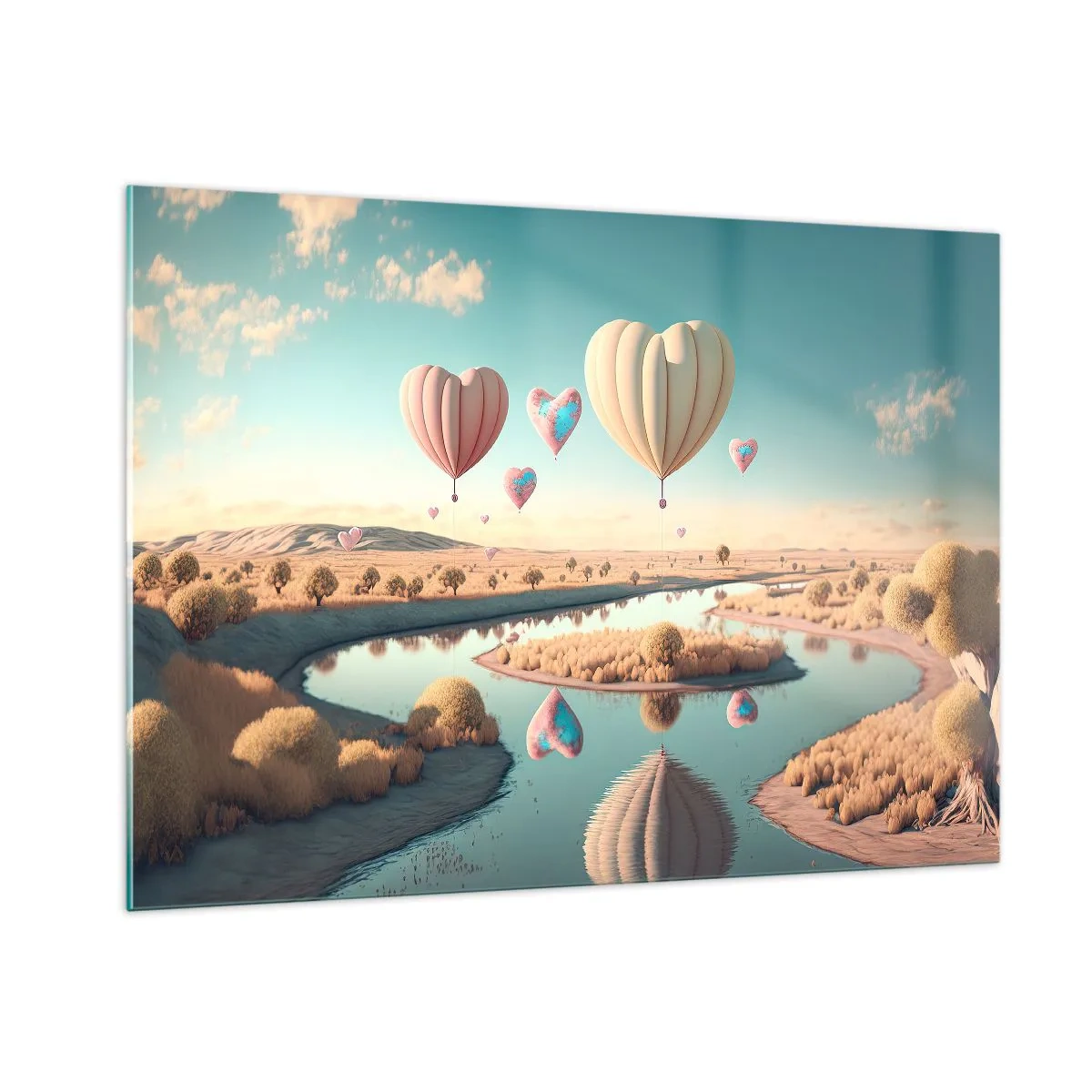 Quadro su vetro - Palloncini a forma di cuore sopra un paesaggio da favola con un fiume - 100x70cm - L'amore permette di volare - Decorazione murale moderna per soggiorno e camera da letto ARTTOR