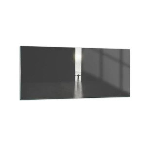 Quadro su vetro - Un uomo in piedi alla luce di una stretta fessura in uno spazio buio - 120x50cm - Un passo verso un chiaro futuro - Decorazione murale moderna per soggiorno e camera da letto ARTTOR