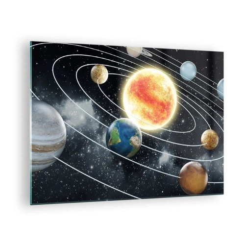 Quadro su vetro - Il sistema solare con pianeti e orbite sullo sfondo dello spazio - 70x50cm - Danza cosmica - Decorazione murale moderna per soggiorno e camera da letto ARTTOR