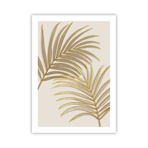 Poster - Foglie di palma dorate in stile minimalista su uno sfondo chiaro - 50x70cm - Palma d'oro! - Decorazione murale moderna per soggiorno e camera da letto ARTTOR