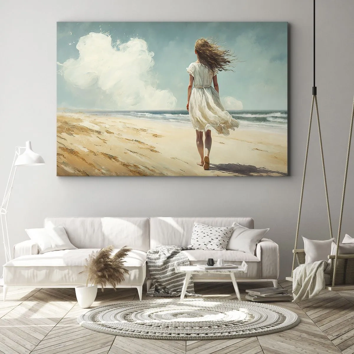 Quadro su tela - Stampe su Tela - Una donna in abito bianco che cammina sulla spiaggia in una giornata di sole - 100x70cm - Dove sole e vento si incontrano - Decorazione murale moderna per soggiorno e camera da letto ARTTOR