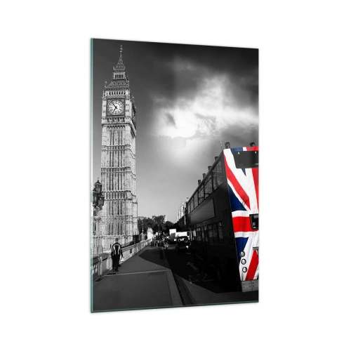 Quadro su vetro - Il Big Ben e un autobus con una bandiera britannica su uno sfondo bianco e nero - 70x100cm - Orgogliosa e grande - Decorazione murale moderna per soggiorno e camera da letto ARTTOR