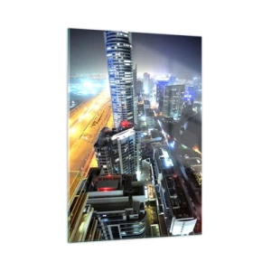 Quadro su vetro - Panorama della città notturna con grattacieli illuminati - 50x70cm - Miracolo nel deserto - Decorazione murale moderna per soggiorno e camera da letto ARTTOR